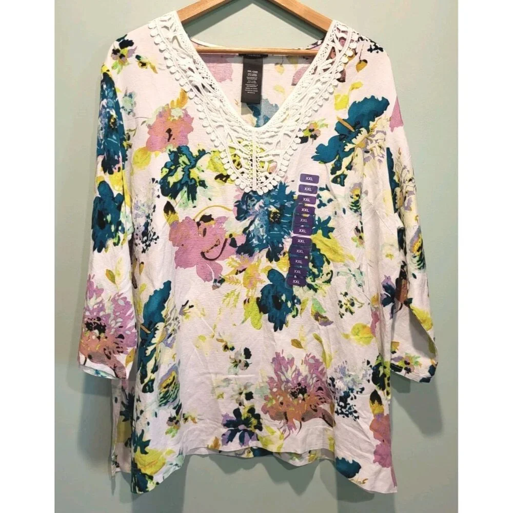 New Multicolor Floral Linen Blend V Neck 3/4 Sleeve Tunic Top Sz 2X - Picture 1 of 6